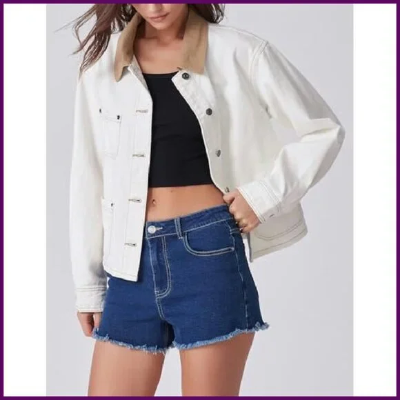 Oversized Denim Jacket with Corduroy Collar Loose Fit Shacket